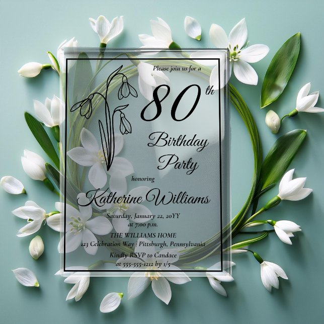 Elegant Snowdrops 80th Birthday Party  Acrylic Invitations (Elegant Snowdrops 80th Birthday Party Acrylic Invitations)