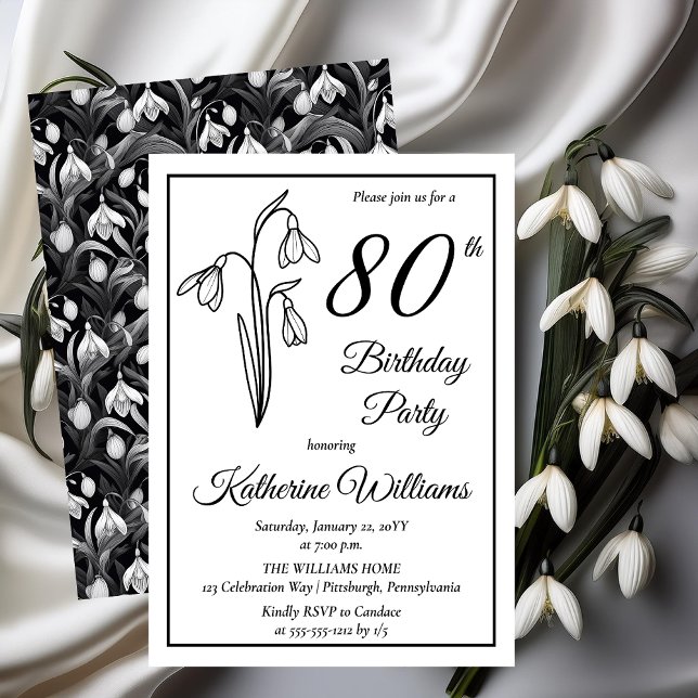 Elegant Snowdrops 80th Birthday Party  Invitation (Elegant January Birth Month Snowdrops Floral "80th Birthday Party" Invitations -- Print | Download)