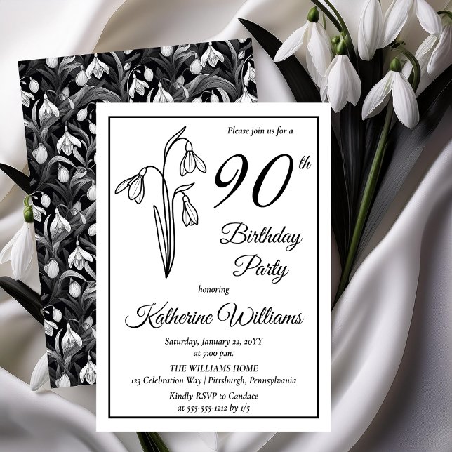 Elegant Snowdrops 90th Birthday Party  Invitation (Elegant January Birth Month Snowdrops Floral "90th Birthday Party" Invitations -- Print | Download)
