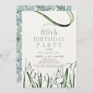 Elegant Snowdrops Watercolor 80th Birthday Invitation