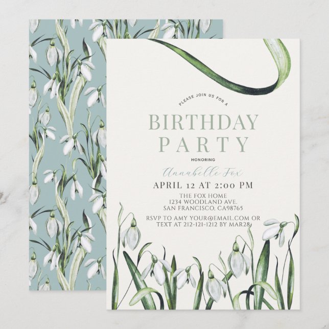 Elegant Snowdrops Watercolor Adult Birthday Invitation (Front/Back)
