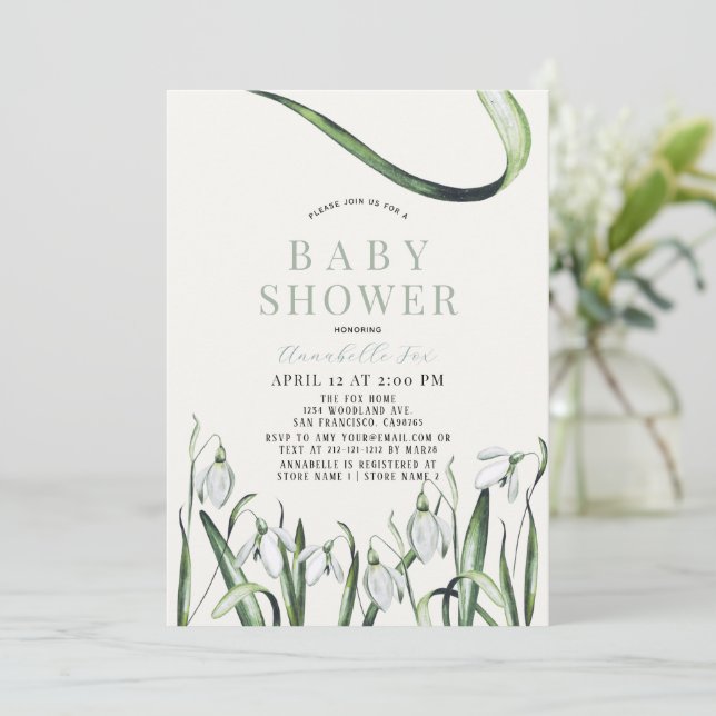 Elegant Snowdrops Watercolor Baby Shower Invitation (Standing Front)