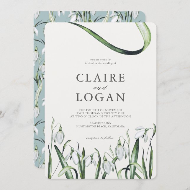 Elegant Snowdrops Watercolor Wedding Invitation (Front/Back)