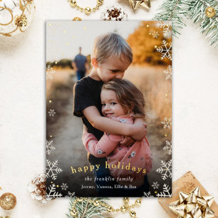 Elegant Snowfall Border Christmas Photo  Foil Holiday Card