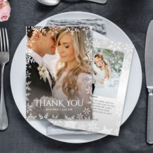 Elegant Snowflake 2-Photo Winter Wedding Thank You Card
