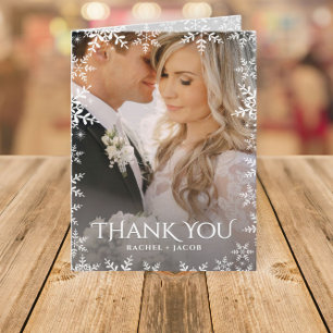 Elegant Snowflake 2-Photo Winter Wedding Thank You Card