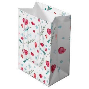 Elegant Snowflake and Red Heart Christmas Medium Gift Bag