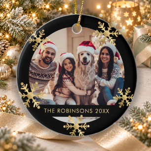 Elegant Snowflake Black and Gold Photo Christmas Ceramic Ornament
