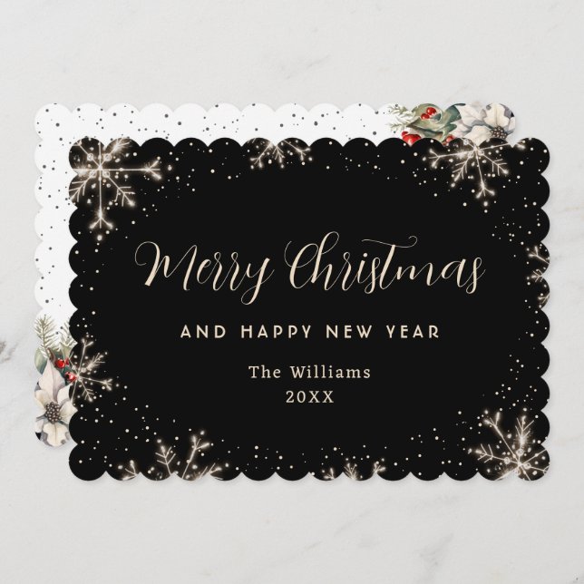 Elegant Snowflake Black Botanical Holiday Card (Front/Back)