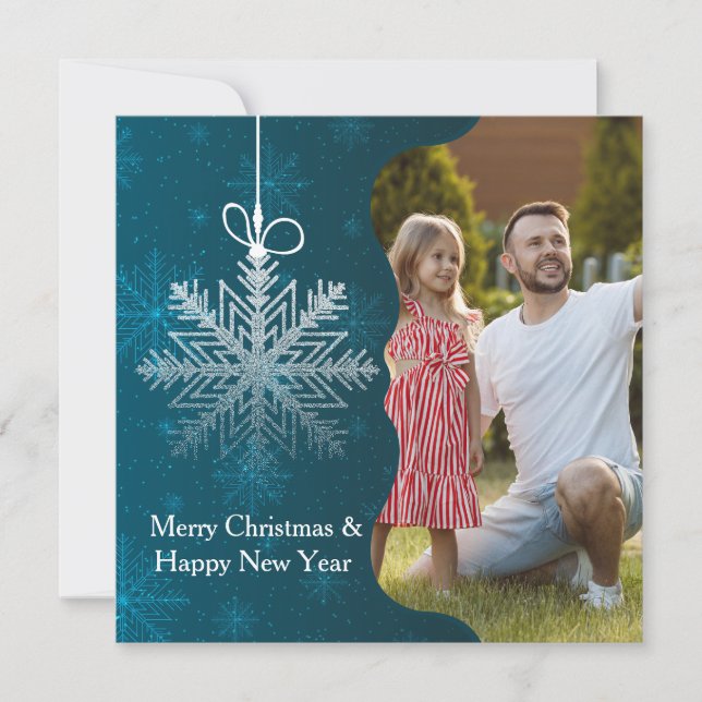Elegant Snowflake Blue Silver Picture Christmas  Holiday Card (Front)
