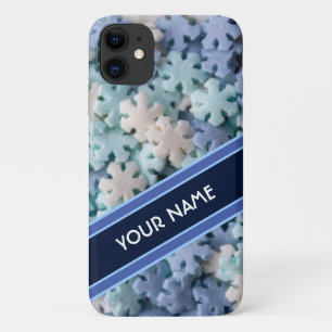 Elegant snowflake blue striped band with your name iPhone 11 case
