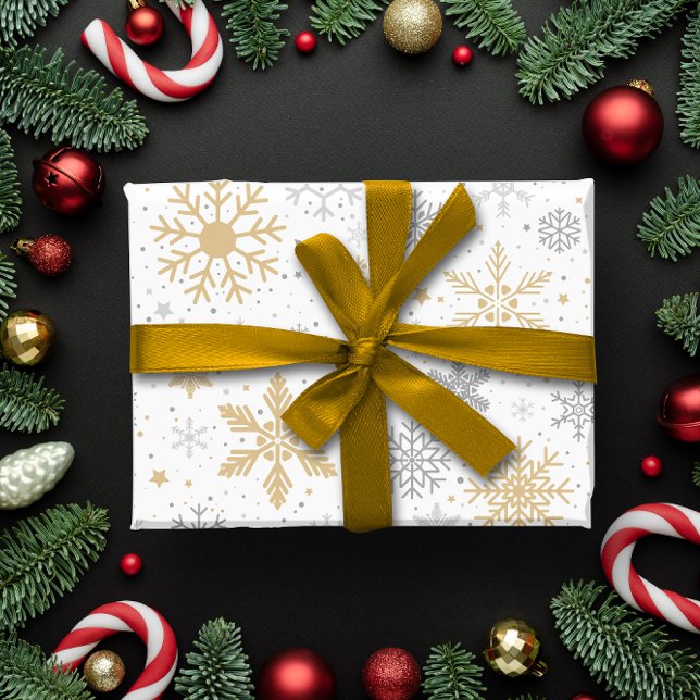 Elegant Snowflake Christmas Gold & White Holiday Wrapping Paper (Snowflake and circle Christmas Wrapping Paper)