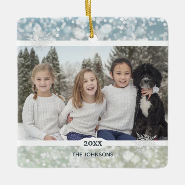 Elegant Snowflake Crystal Bokeh Ceramic Ornament (Front)