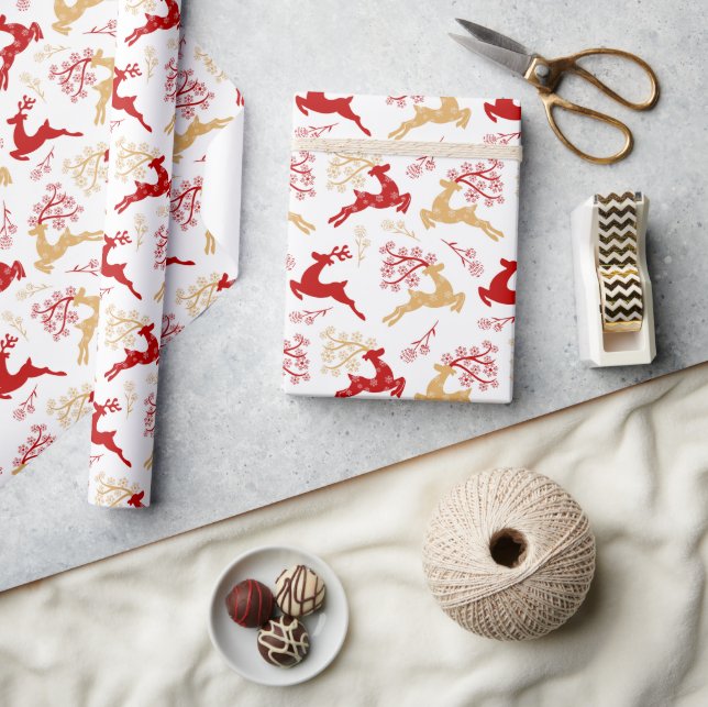 Elegant Snowflake Gold Red Reindeer Christmas Wrapping Paper (Crafts)
