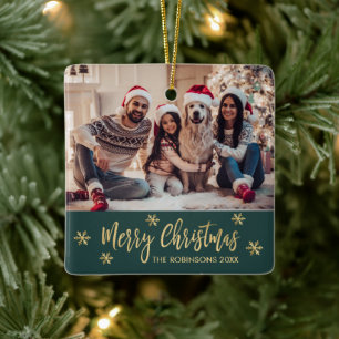 Elegant Snowflake Green and Gold Photo Christmas Ceramic Ornament