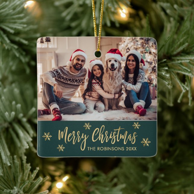 Elegant Snowflake Green and Gold Photo Christmas Ceramic Ornament (Tree)