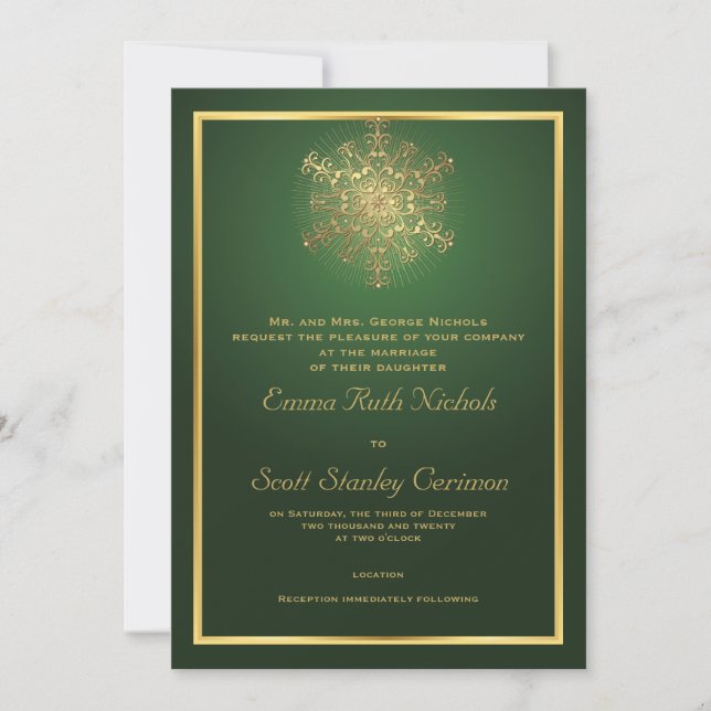 Elegant snowflake on green winter wedding invitation (Front)