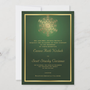 Elegant snowflake on green winter wedding invitation