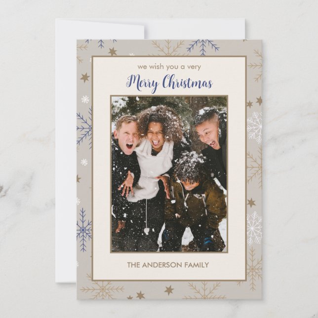 Elegant Snowflake Pattern Beige Family Photo  Holiday Card (Front)