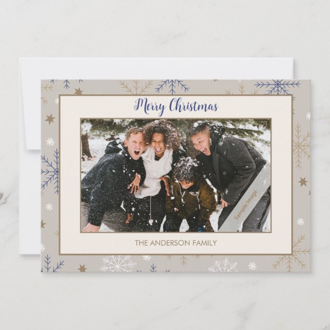 Elegant Snowflake Pattern Beige Family Photo  Holiday Card (Front)
