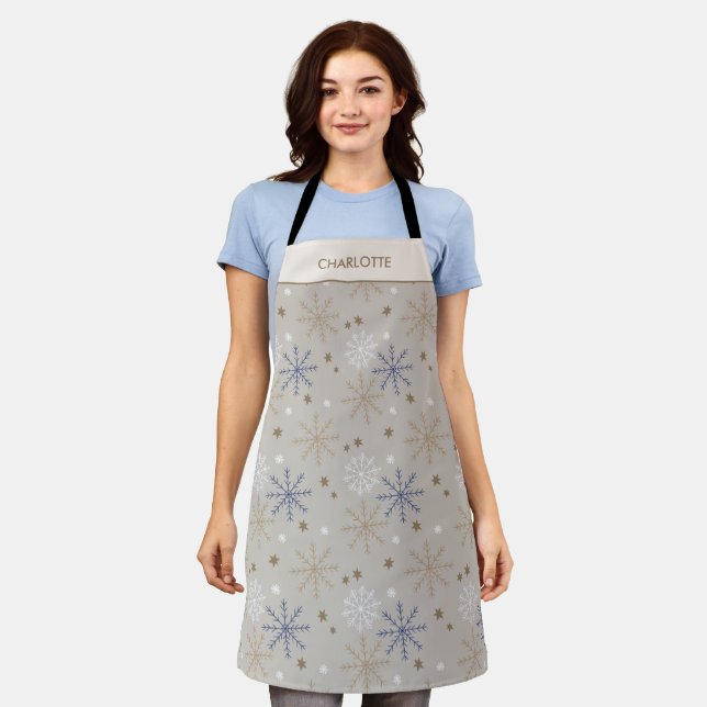 Elegant Snowflake Pattern Beige Pesonalized Apron (Worn)