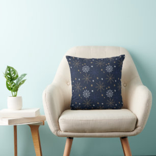 Elegant Snowflake Pattern Dark Blue Cushion