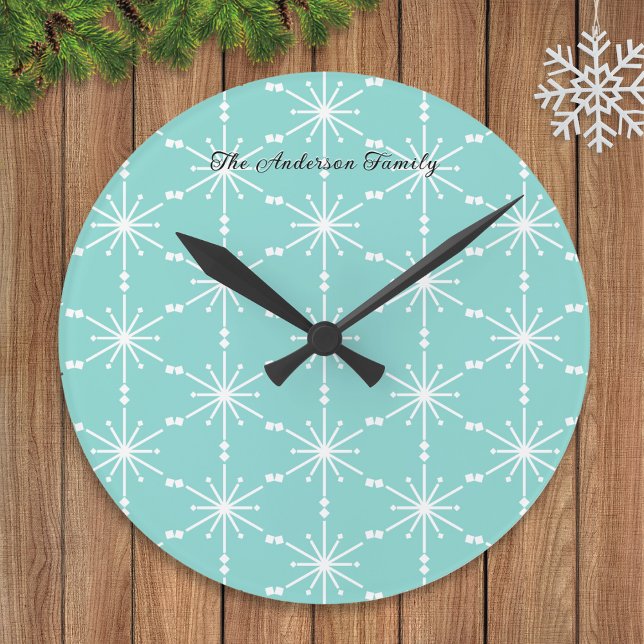 Elegant Snowflake Patterned Personalised Modern Round Clock (A wall clock in light turquoise with geometric snowflakes pattern, personalized with a name)