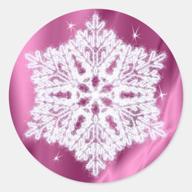 Elegant Snowflake Pink Girly Christmas Classic Round Sticker (Front)