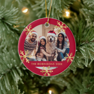 Elegant Snowflake Red and Gold Photo Christmas Ceramic Ornament