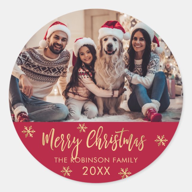 Elegant Snowflake Red and Gold Photo Christmas Classic Round Sticker (Front)