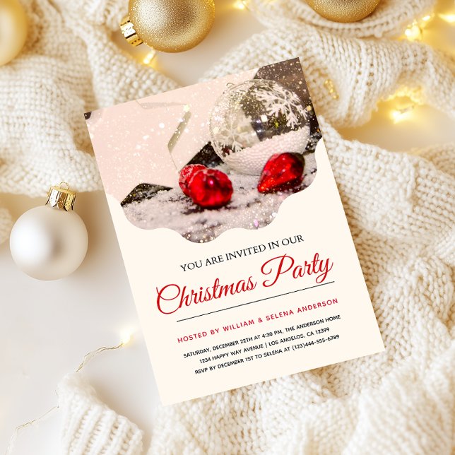 Elegant Snowflake & Red Ornament Christmas Party   Invitation (Creator Uploaded)