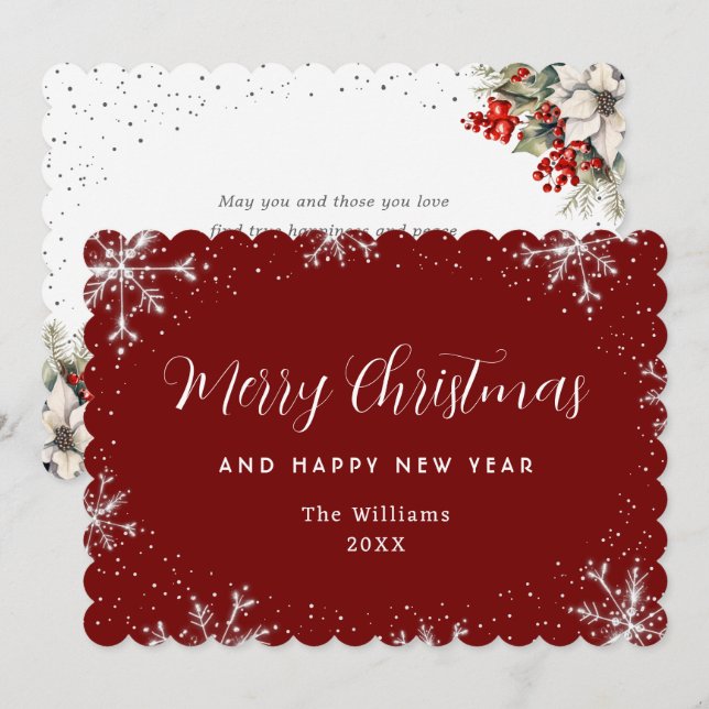 Elegant Snowflake Red Silver Botanical Holiday Card (Front/Back)