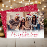 Elegant Snowflake Typography Red 1 Photo Christmas Holiday Card<br><div class="desc">Elegant Modern Red White Snowflake Script One Photo Merry Christmas Script Holiday Card. This festive, minimalist, simple, cute whimsical 1 photo holiday greeting card template features „Merry Christmas” greeting text which is written in a hand lettering swirly swash-tail font calligraphy or typography script photo overlay. On the back side cute...</div>