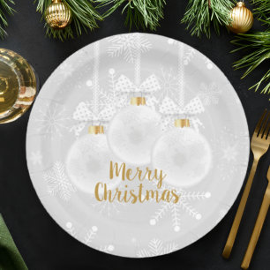 Elegant Snowflake White Ornaments Christmas Paper Plate