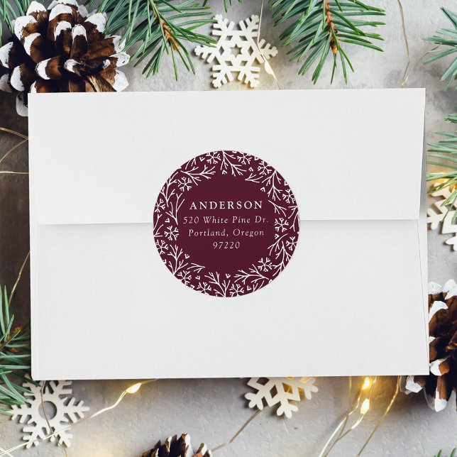 Elegant Snowflake Wreath Berry Return Address Classic Round Sticker (Creator Uploaded)