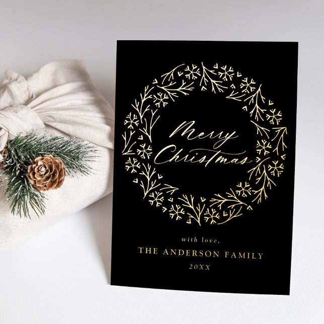 Elegant Snowflake Wreath Black Non-Photo Gold Foil Holiday Card (Creator Uploaded)
