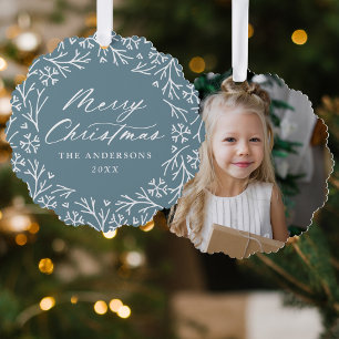 Elegant Snowflake Wreath Blue Photo Christmas Tree Decoration Card