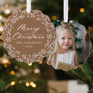 Elegant Snowflake Wreath Brown Photo Christmas Tree Decoration Card