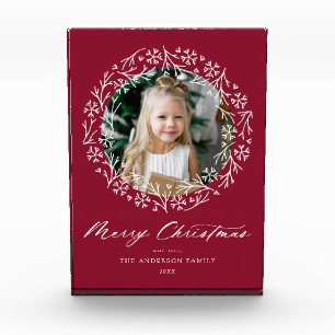 Elegant Snowflake Wreath Cranberry Christmas Photo Block