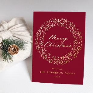 Elegant Snowflake Wreath Cranberry Non-Photo Gold Foil Holiday Card