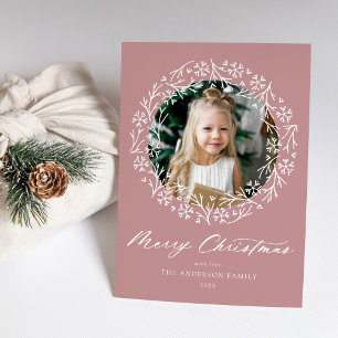 Elegant Snowflake Wreath Dusty Rose Photo Holiday Card