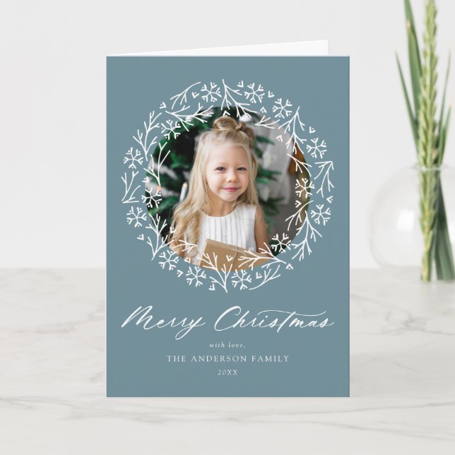 Elegant Snowflake Wreath Frost Blue 2 Photo Holiday Card (Front)
