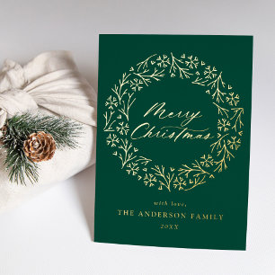 Elegant Snowflake Wreath Green Non-Photo Gold Foil Holiday Card