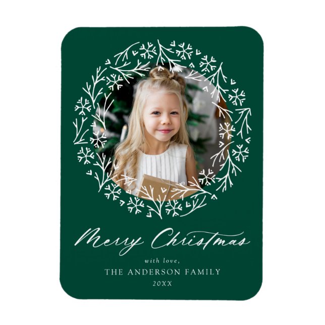 Elegant Snowflake Wreath Green Photo Magnet (Vertical)