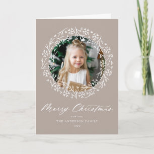 Elegant Snowflake Wreath Mocha 2 Photo Holiday Card