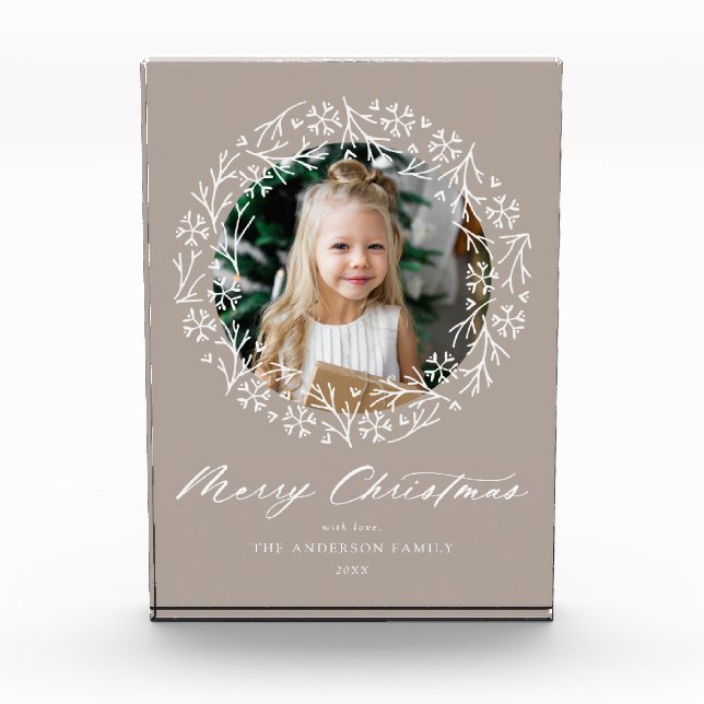 Elegant Snowflake Wreath Mocha Christmas Photo Block (Front)