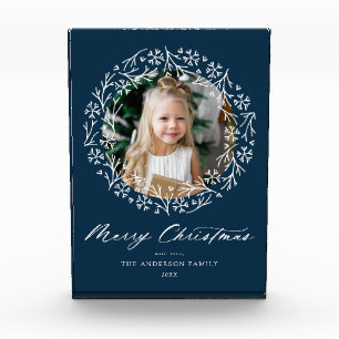 Elegant Snowflake Wreath Navy Christmas Photo Block