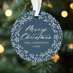 Elegant Snowflake Wreath Navy Christmas Photo  Ornament