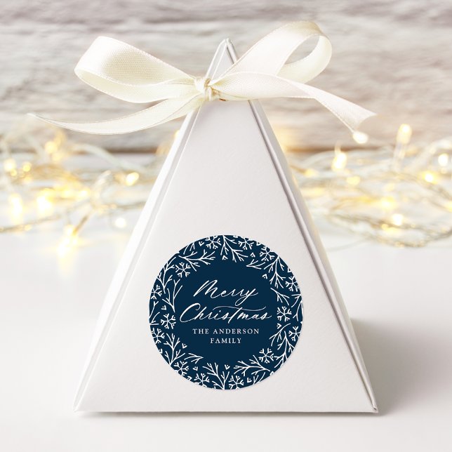 Elegant Snowflake Wreath Navy Merry Christmas Classic Round Sticker (Creator Uploaded)