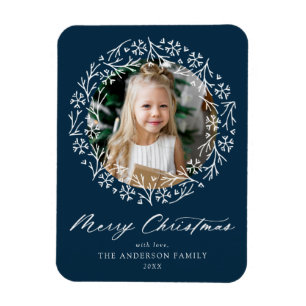 Elegant Snowflake Wreath Navy Photo Magnet